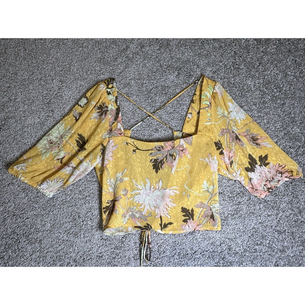H&M Women's XS Yellow Floral Balloon Sleeve Crop Top Square Neck Tie Back